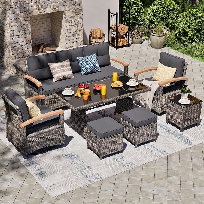 MEISSALIVVE 7 Pieces Patio Furniture Sets, PE Wicker Outdoor Conversation Sets with 2 Wood Armrests Swivel Rocker Chairs, 2 Ottomans, 3-seat Sofa and Dining Table (Grey)