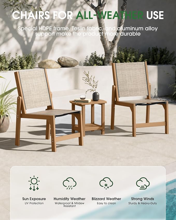 SUUNYN Patio Stackable Chairs Set of 2, HDPE Armless Outdoor Dining Chairs with Wide Seat, All-Weather Textilene Oversized Porch Chair for Garden, Poolside, Backyard, Deck | Teak