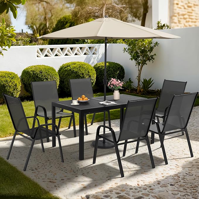 Pamapic Outdoor Dining Sets for 6, Rectangular Steel Slat Table with 6 Textilene Chairs, 7 Piece Patio Table and Chairs Set with Umbrella Hole for Patio, Backyard, Poolside (Black, No Umbrella)