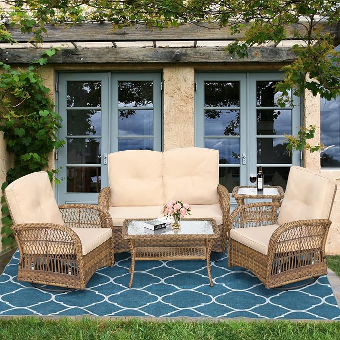 5-Piece Wicker Patio Furniture Sets Outdoor All-Weather Rattan Conversation Set Includes Glider Loveseat, 2 Glass-Top Coffee Tables, 2 Swivel Rocking Chairs with Thickened Cushions