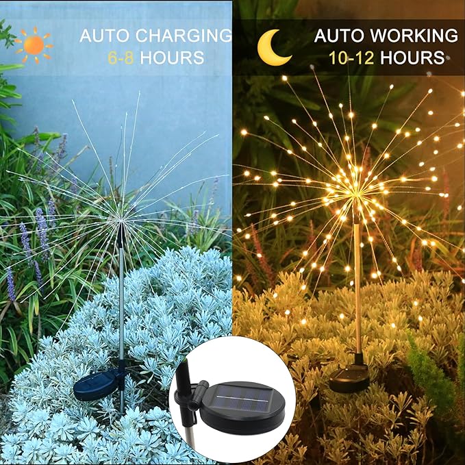 Solar Garden Firework Lights Outdoor Waterproof, 2 Pack Solar Lighting with 8 Lighting Modes, 120 LED Sparklers String Lights for Outside Decor Yard Pathway Decorations(Warm)