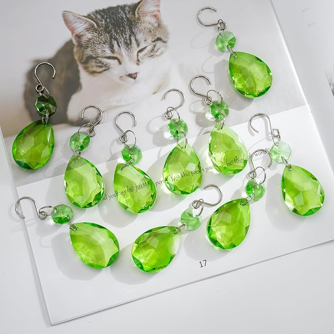 10 Pcs Green Crystal Bauhinia Suncatcher Prisms Chandelier Window Decor | Green Crystal Bauhinia Prisms Suncatcher Pendants 3 Inch Chandelier Beads Replacement Hanging for Window Garden Wedding Decor