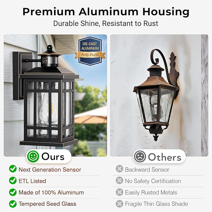 Distance-Adjustable Outdoor Lights for House, Modern Black Motion Sensor Outdoor Light with Gold Trim, Waterproof Dusk to Dawn Exterior Lighting Fixtures, Anti-Rust Outdoor Lanterns for Porch, Garage