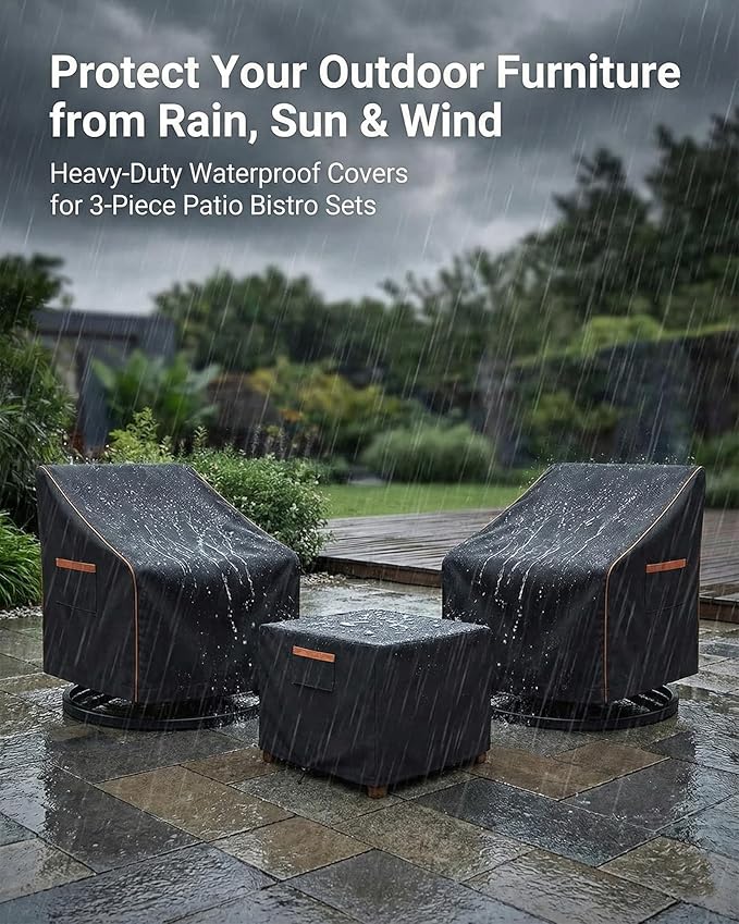3-Piece Patio Furniture Cover Set for Bistro Sets, Waterproof Outdoor Furniture Covers for 2 Chairs & Side Table, Heavy Duty 600D, UV Resistant, All-Season Protection for Patio, Porch & Backyard