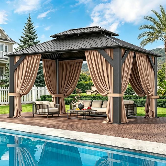 12’x16’ Hardtop Gazebo, Galvanized Steel Double Roof Canopy with Aluminum Frame, Outdoor Pavilion with Nettings and Curtains