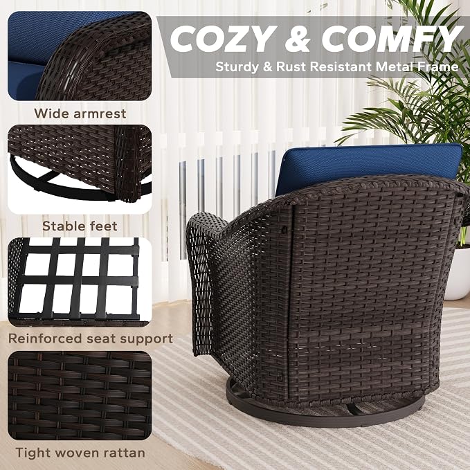 5 PCS Outdoor Conversation Set | 78" Couch, 2 Chairs, 2 Swivel Chairs, Patio Wicker Conversation Furniture with Removable Cushions for Bistro, Deck, Sunroom (Navy Blue)