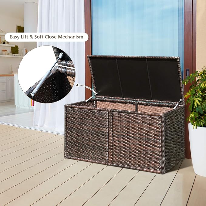 Giantex Rattan Deck Box 73 Gallon Wicker Storage Box W/Separate Storage Shelf, Openable Door, Steel Frame, Toys and Tools Organize for Yard, Garden, Balcony, Porch, Patio Rattan Storage Box (Brown)