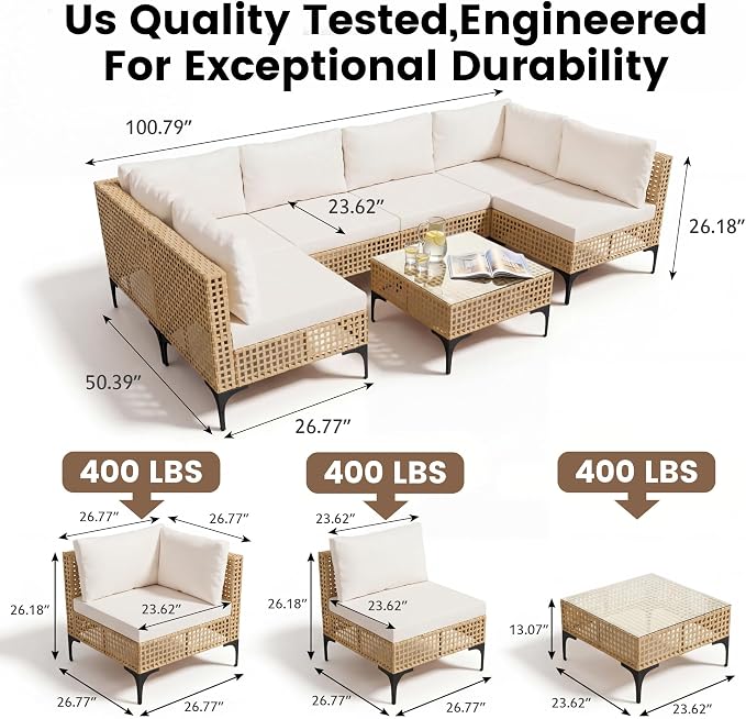 Devoko Patio Furniture Set,7 Pieces Outdoor Wicker Sectional Couch with Thick Cushions &Glass Tabletop, PE Rattan Backyard Conversation Sofa with Coffee Table for Deck, Porch（7pc）