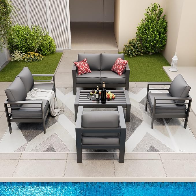 Amopatio Aluminum Patio Furniture Set, 7 Pieces Modern Patio Conversation Sets, Outdoor Sectional Metal Sofa with Coffee Table for Balcony, Garden, Dark Grey (Included Waterproof Covers)