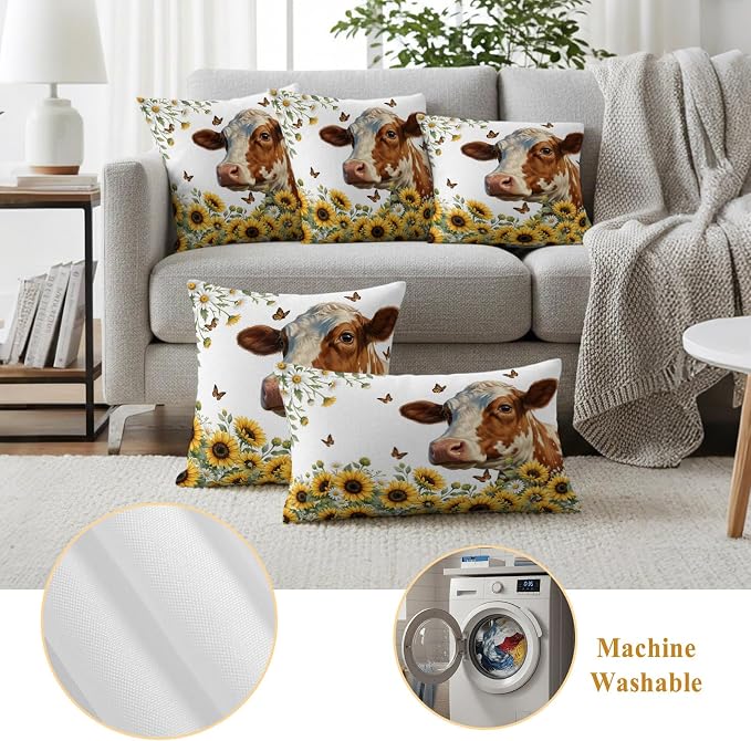 Cow Animal Outdoor Pillow Covers 18"x18" Set of 2, Yellow Sunflower Farmhouse Daisy Butterfly Waterproof Throw Pillow Covers for Patio Furniture, Decorative Cushion Covers for Porch