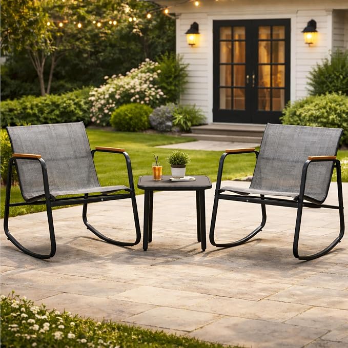 Kozyard 3-Piece Rocking Chair Set, Outdoor Rocking Textilene Bistro Set with Wooden Armrests, Outdoor Conversation Set with Glass Table for Lawn, Porch, Yard, Garden, Balcony, Poolside, Gray