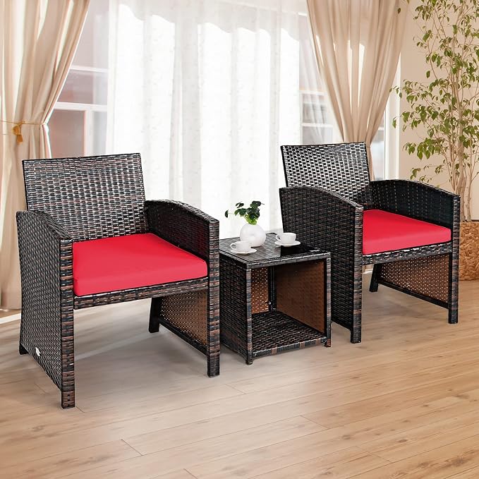 Tangkula 3-Piece Outdoor PE Rattan Furniture Set, Patio Conversation Set w/Chair & Storage Coffee Table, Detachable Cushion, Stable X-Shaped Frame, Perfect for Garden, Backyard, Poolside (Red)