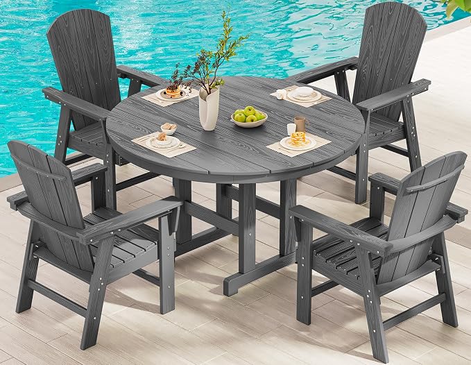 SERWALL 5-Piece Patio Dining Sets, HDPE Outdoor Table and Chairs Furniture Set, 45" Round Dining Table and 4 Adirondack Dining Chair, Grey