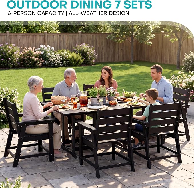 7-Piece Dining Set, HDPE Table & 6 Chairs, Black | HDPE Dining Set,67" Table+6 Chairs, 380 lbs, 304 Stainless, All-Weather,No Rust No Crack,Outdoor Patio Garden