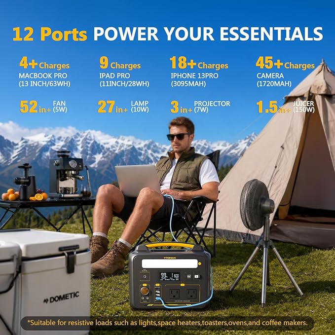 VTOMAN Jump 600X Portable Power Station 600W, 299Wh Solar Generator LiFePO4 Battery Power Station with Jump Start for Car, 1200W AC Outlet, PD 60W USB-C, 3x Regulated 12V/10A DC for Camping, RV Travel