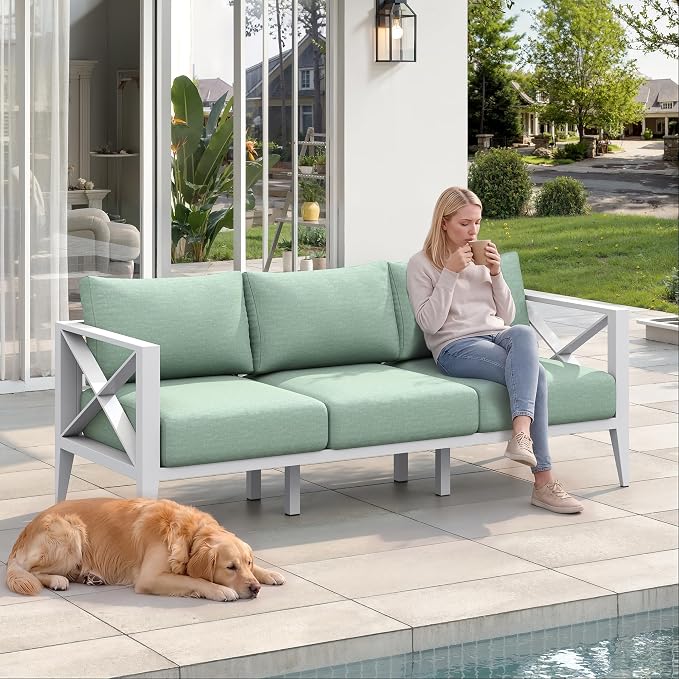 Outdoor Patio Sofa 3 Seat Couch with Cushions, Aluminum Patio Furniture Deep Seating Outdoor Couch for Backyard Deck Garden Conversation Area