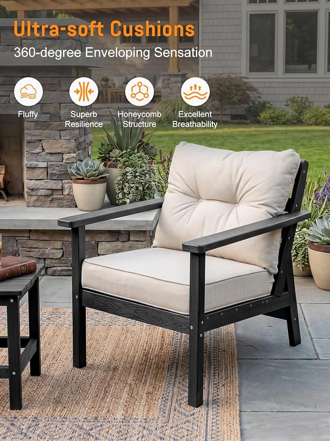 HDPE Patio Conversation Set 7 Seats, Outdoor Furniture Set, Patio Sofa Set | Water-Resistant Thick Cushion, HDPE All Weather, Wood-Grain, No Rot or Rust or Crack, UV Fade Shield, Easy-Clean for Outside