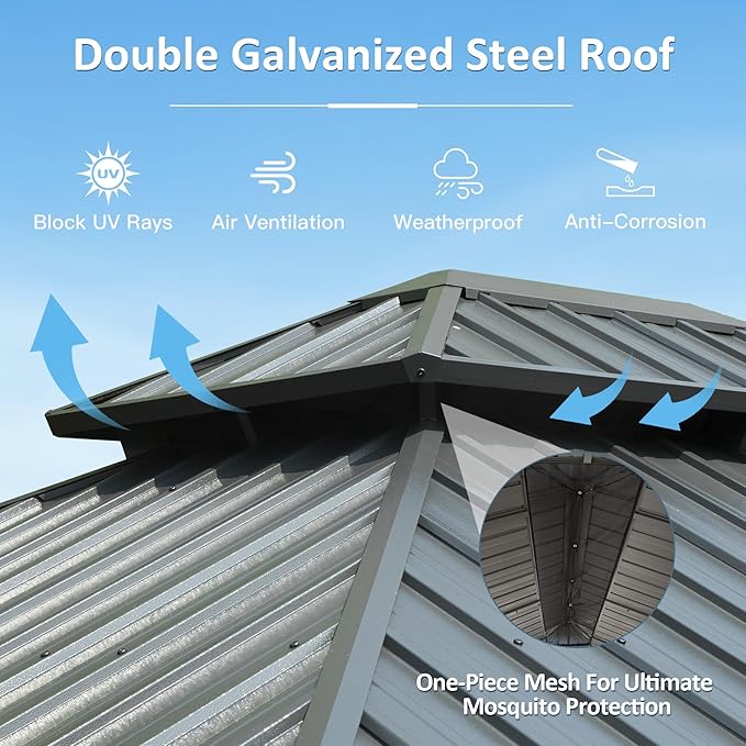 Domi 12' X 24' Hardtop Gazebo, Upgraded Metal Gazebo with Drainage System, Dual-Layer Galvanized Steel Roof, Curtain and Netting, Outdoor Shelter Canopy for Patio, Garden, and Backyard, Grey