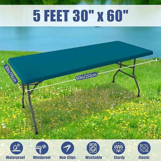 Moosfor Spandex 5 Foot Rectangle Table Cloth 2 Pack, Elastic Fitted Tablecloths for Picnic, Stretch Washable Patio Table Cover for Outdoor, Camping, Banquet and Parties(Peacock Blue, 30"x60")