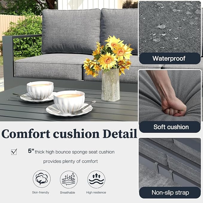 5 Piece Modern Aluminum Patio Furniture Set, Outdoor Patio Sectional Conversation Metal Seating Sets with Olefin Cushion and Coffee Table