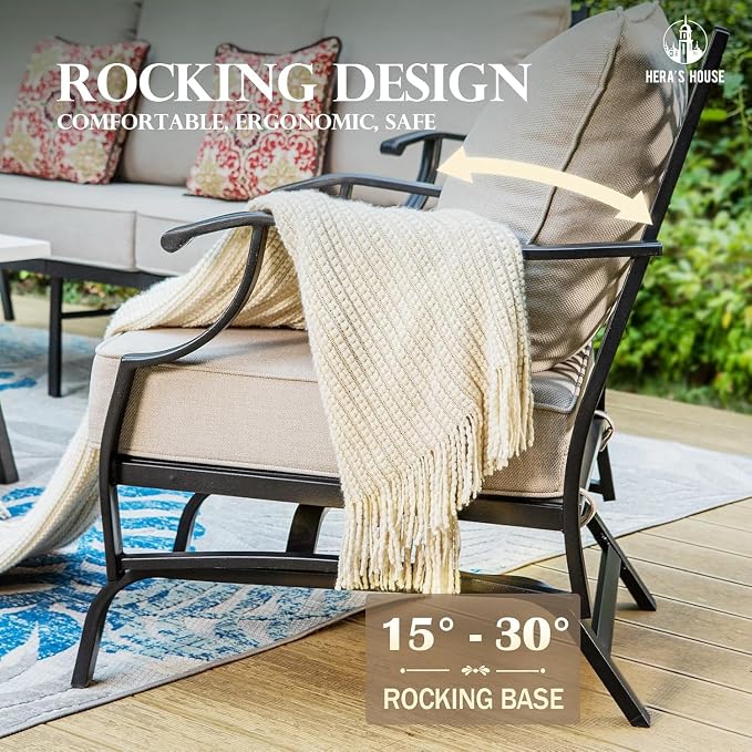 HERA'S HOUSE 5 Pieces Patio Furniture Set with Fire Pit Table, 4 x Thick Cushioned Rocking Chairs, 1 x 28 Fire Pit Table (50,000 BTU), Outdoor Conversation Set for Garden Backyard Lawn Deck