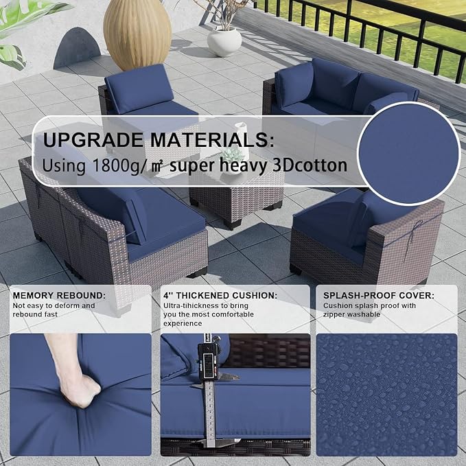 7 Pieces Outdoor Wicker Patio Furniture Set with Rattan Sectional Sofa, Tempered Glass Tea Table and 6 Sand Seat Cushions, Garden Deck Lounge Conversation Couch Set for Backyard Porch