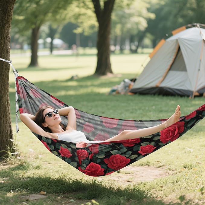 Camping Hammock Outdoor Hammocks for Outside Red Rose Leaves Beach Trees Portable Lightweight with Pockets Tree Straps Indoor
