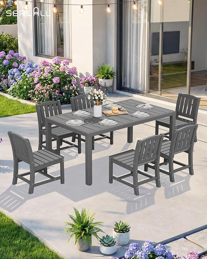 SERWALL 10-Piece Patio Dining Sets with 15FT Patio Umbrella, 60" - 83" Expandable Outdoor Dining Table and 8 HDPE Chairs, All Weather HDPE Outdoor Furniture Set, Grey (Umbreall Base not Included)