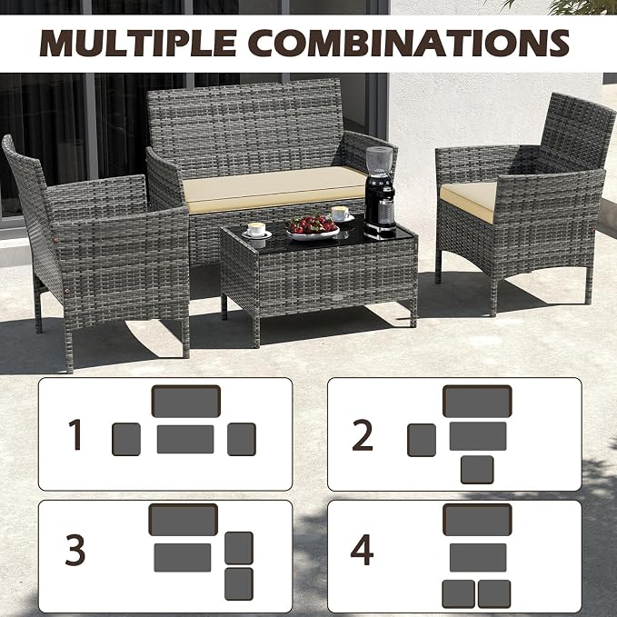 RELAX4LIFE 8-Piece Patio Furniture Set - Rattan Outdoor Conversation Bistro Set w/Cushions, Glass Coffee Table, Wicker Chairs & Loveseat for Pool Garden Backyard Porch Balcony (2, Mix Grey-Beige)