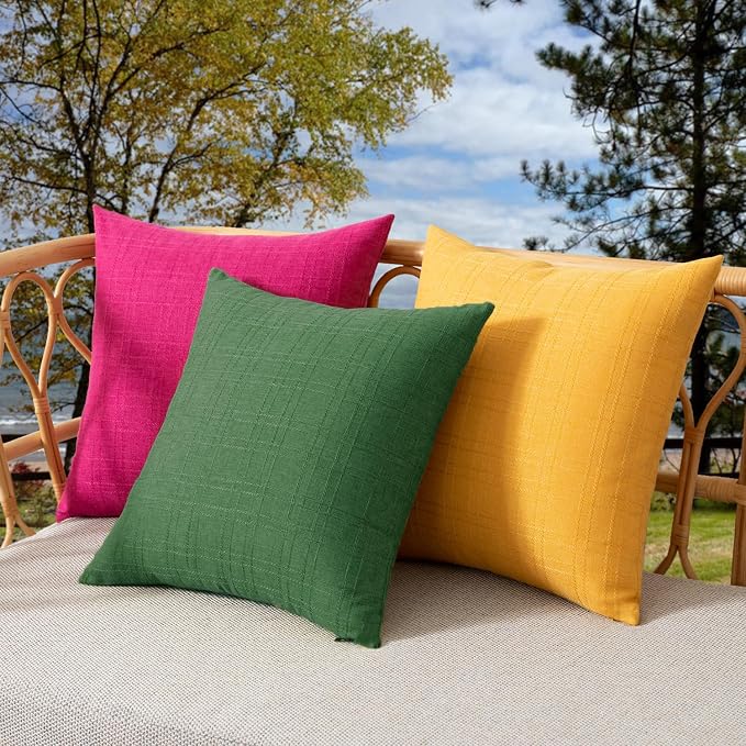 Kevin Textile Outdoor Waterproof 20”x20” Pillow Covers 2 Pack, Dark Green | Water Resistant, Soft Faux Linen-cotton Yarn-dyed Woven Texture Throw Pillow Covers for Tent Patio Garden Couch Sofa