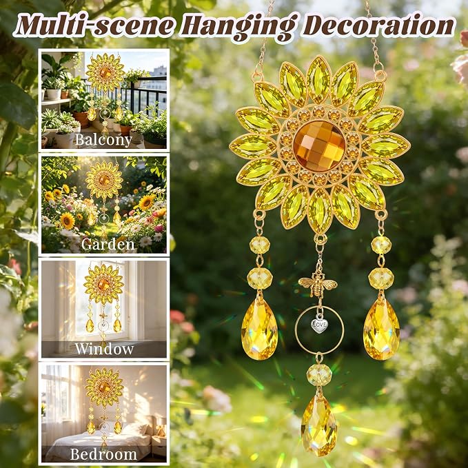 Sunflower Gifts for Women, Summer Home Garden Sunflower Decor, Yellow Flower Hanging Crystal Suncatchers for Windows,Christmas Housewarming Birthday Sunshine Gifts for Mom Grandma Teacher