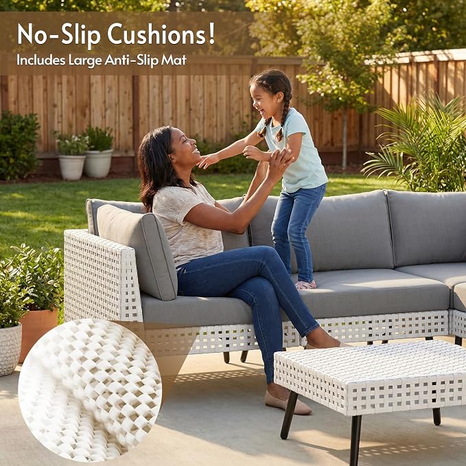 3 Piece Patio Furniture Sets, Modular Patio Sectional Conversation Sets with Upgraded Cationic Fabric Cushions & Outdoor All-Weather Handwoven Open Weave Wicker for Garden, Poolside, Backyard