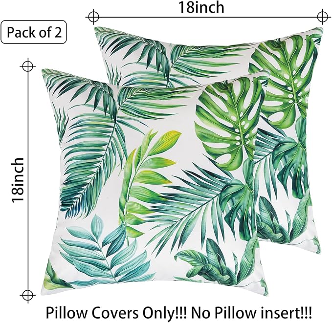 JASEN Pack of 2 Decorative Outdoor Waterproof Throw Pillow Covers, Natural Leaves Pattern Spring for Patio Furniture Garden Balcony Couch 18x18 Inch (Green)