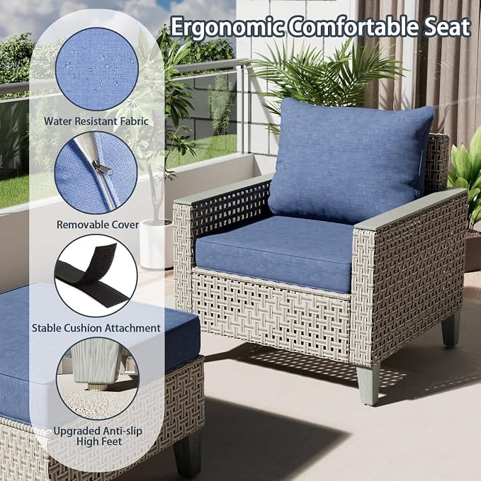 Outdoor Patio Furniture Set with Rattan Fire Pit Table 8-Piece Modular Wicker Sectional Sofa with Ottomans and Thick Cushions, Modern Rattan Outdoor Conversation Couch, Navy