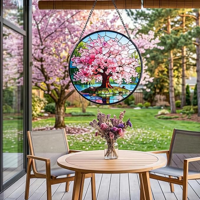 Stained Glass Window Hanging, Pink Cherry Blossom Tree Suncatcher 7.8 in Sun Catcher Boho Wall Art Decor with Chain Diamond Glass Panel Hangings Scenery Sun Catchers Decor for Lover Couple Mom