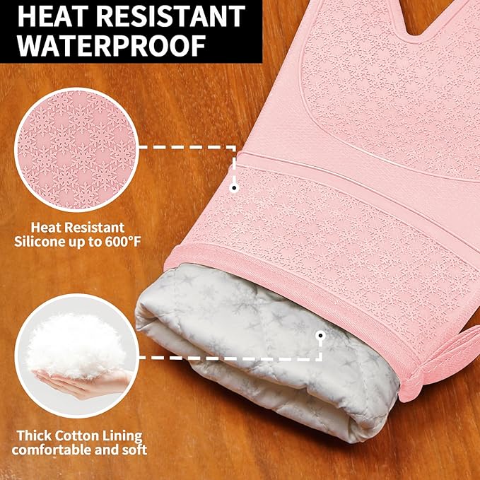 Hovico Silicone Oven Mitts, Heat Resistant 500F Kitchen Mitts 2PCS, 11.6" BPA-Free Soft Baking Gloves, Non-Slip Grip Oven Gloves with Soft Cotton Lining for Kitchen Cooking Baking BBQ - Pink