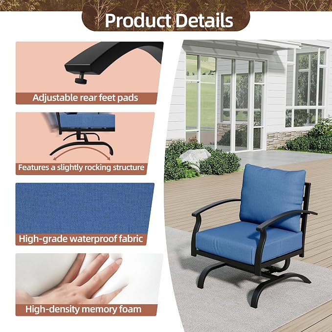 Kurapika 2 Pieces Patio Furniture Set, Outdoor Metal Rocking Chair, Patio Bistro Set Rocker Chairs with Thickened Cushions for Porch Garden Deck, Navy Blue