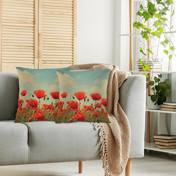Swono Poppy Bed Pillow Covers, Vintage Blossom Red Roses Poppies Flied Decorative Throw Pillow Cover Cushion Case for Sofa Bed Living Room Farmhouse Decorations, 18"X18" 2 Pieces Pillowcases