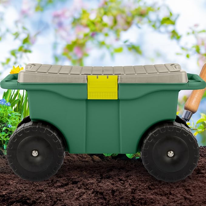 Rolling Garden Cart with Seat - Plastic Storage with Bench and Interior Tool Tray - Gardening Stool for Weeding and Planting By Pure Garden (Green)