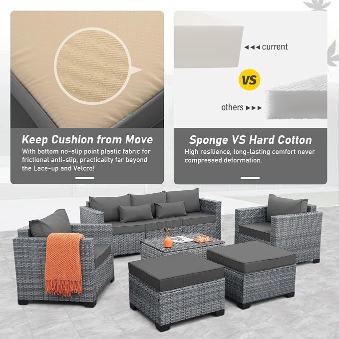 Lviden 6 Pieces Wicker Patio Furniture Sets Outdoor Conversation Set HDPE Rattan Sectional Sofa Couch with Storage Table and Non-Slip Cushions, Light Grey