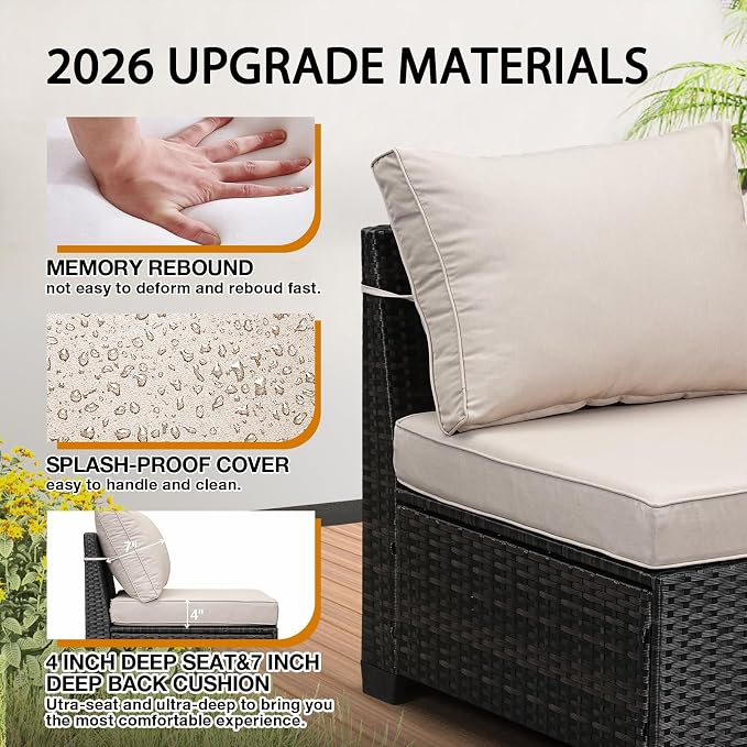 JOYURE 9 Pieces Patio Furniture Set All-Weather Outdoor Wicker Sectional Conversation Sofa Rattan Patio Seating Sofa with Cushion and Glass Table and Ottoman for Porch Poolside,Beige