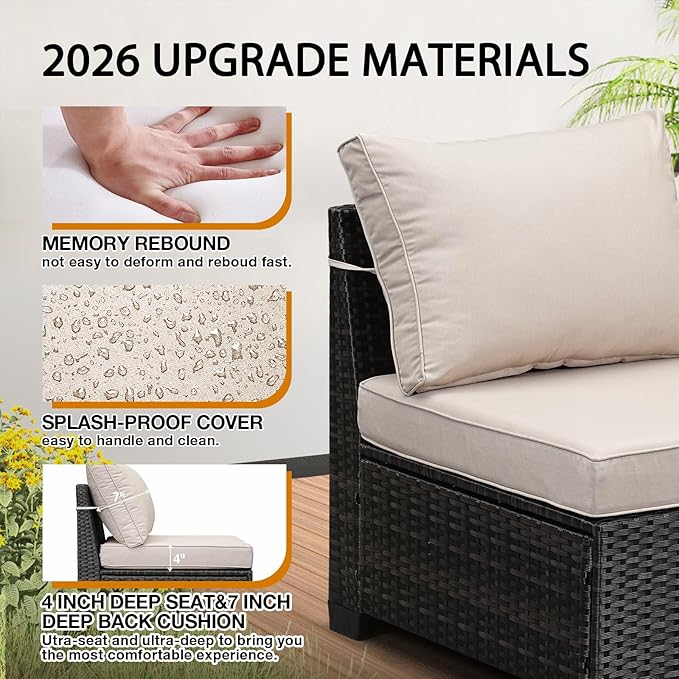 JOYURE 6 Pieces Patio Furniture Set All-Weather Outdoor Wicker Sectional Conversation Sofa Rattan Patio Seating Sofa with Cushion and Glass Table for Porch Poolside,Beige