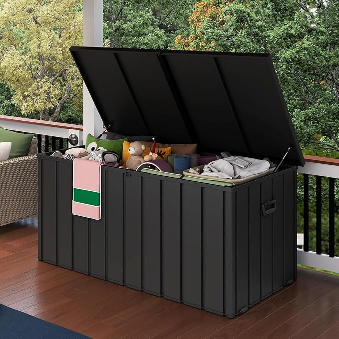 200 Gallon Outdoor Storage Deck Box, Lockable Mobile Rolling Metal Storage Bin, Waterproof UV Resistant Large Container Organizer for Patio Garden Yard,Dark Gray