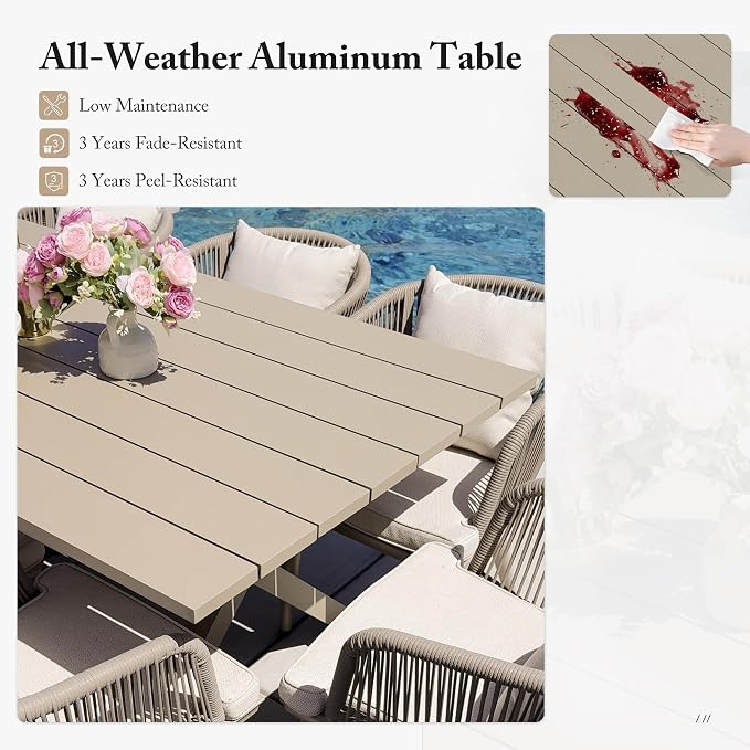 PURPLE LEAF 9 Pieces Patio Dining Set with Waterproof Furniture Cover Rectangular Table and Chairs Set for Garden Deck Aluminum Frame Backyard Kitchen Set, Cushions and Pillows Included Champagne