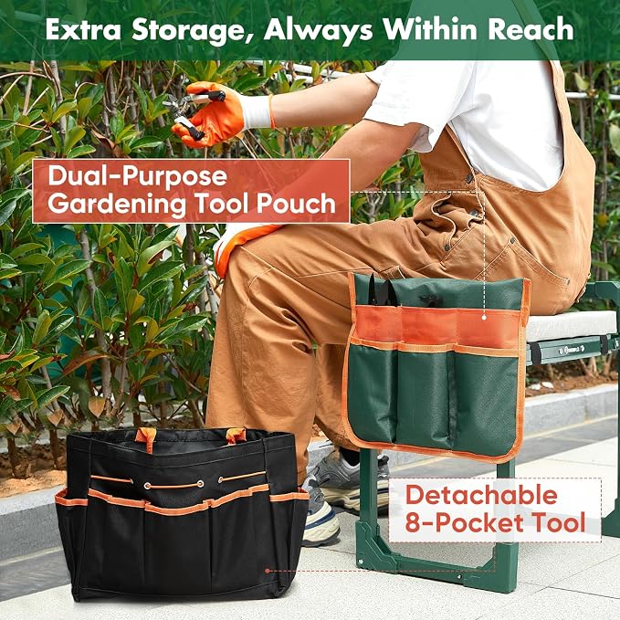 SakerPlus Garden Kneeler and Seat,Heavy Duty Foldable Garden Stool with 10-Inch Thickened Pad, Extendable Legs, Tool Bag and Storage Bag,Gardening Gift Choice for Women Mom Men Seniors