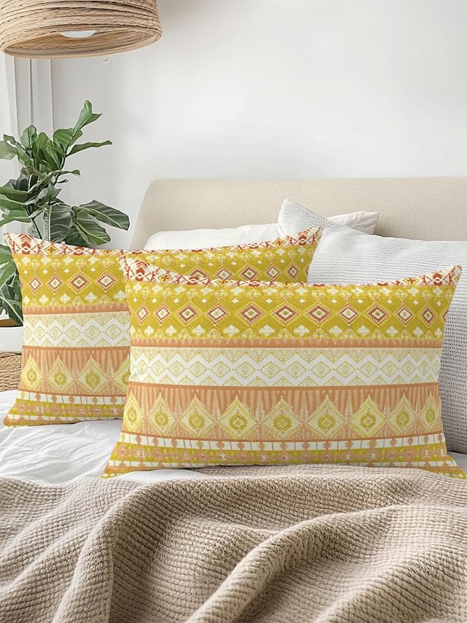 Waterproof Outdoor Pillow Set of 2 Yellow Bohemian Decorative Throw Pillows Cover & Insert 20x12 Inch Lumbar Pillowcase Boho Style Floral Leaves Geometric Pillows for Couch Sofa Bed Patio Furniture