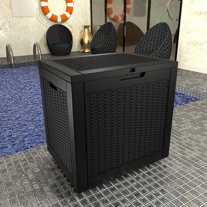ROJIK Outdoor Storage Housing Deck Box-Waterproof Patio Furniture,Garden Tools,Cushions,Pool Accessories Storage Waterproof Resin Box with Capacity (30 Gal & Black)