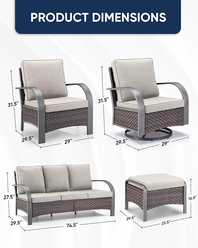 HUMMUH 7 Piece Outdoor Patio Furniture Sets-High Back Swivel Rocker Patio Chairs with Wicker Patio Couch Outdoor Conversation Furniture Set for Deck Porch Garden Poolside Backyard-Brown/Beige
