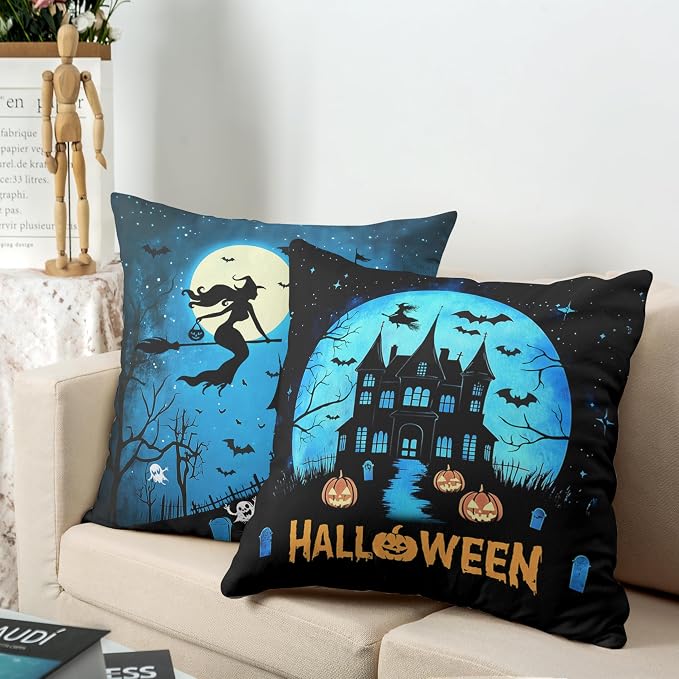 Halloween Pillow Covers 18x18 Set of 2 Witch Castle Throw Pillow Covers Horror Full Moon Night Pillow Case Bat Ghost Pumpkin Cushion Case for Holiday Party Home Decor Couch Sofa