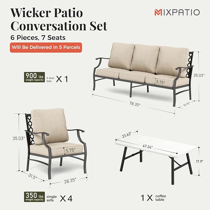 MIXPATIO Patio Furniture Set 6 pcs, Outdoor Patio Furniture, 3-Seat Sofa, 4 X Single Chairs, 1 X Coffee Table and 5.75" Extra Thick Cushion, Patio Conversation Set,Beige